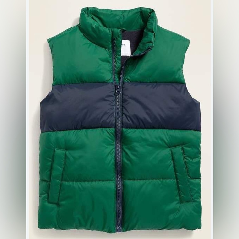 Old Navy Boys Frost-Free Puffer Vest Green Navy Quilted Size L 10-12